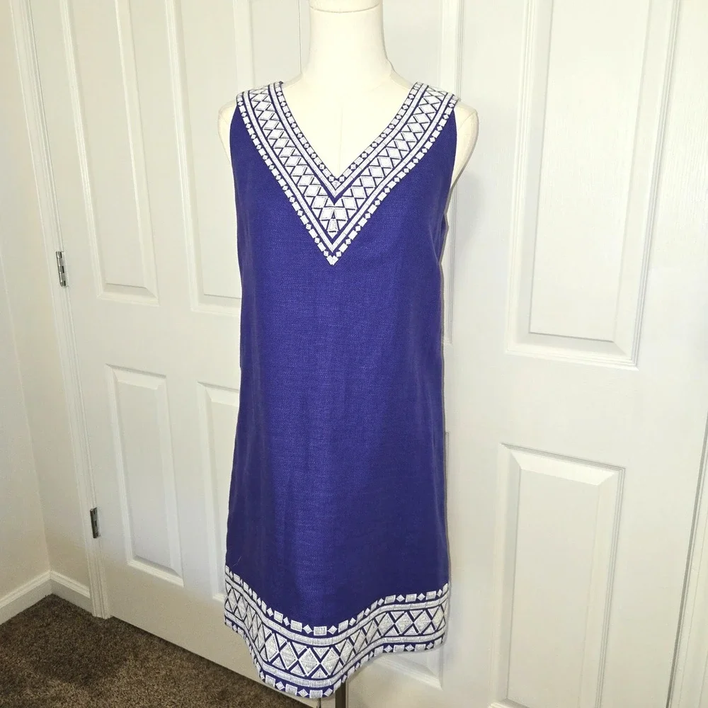 Kate Spade Shift Dress Women 4 Blue Linen Cotton Embroidered V-Neck Sleeveless